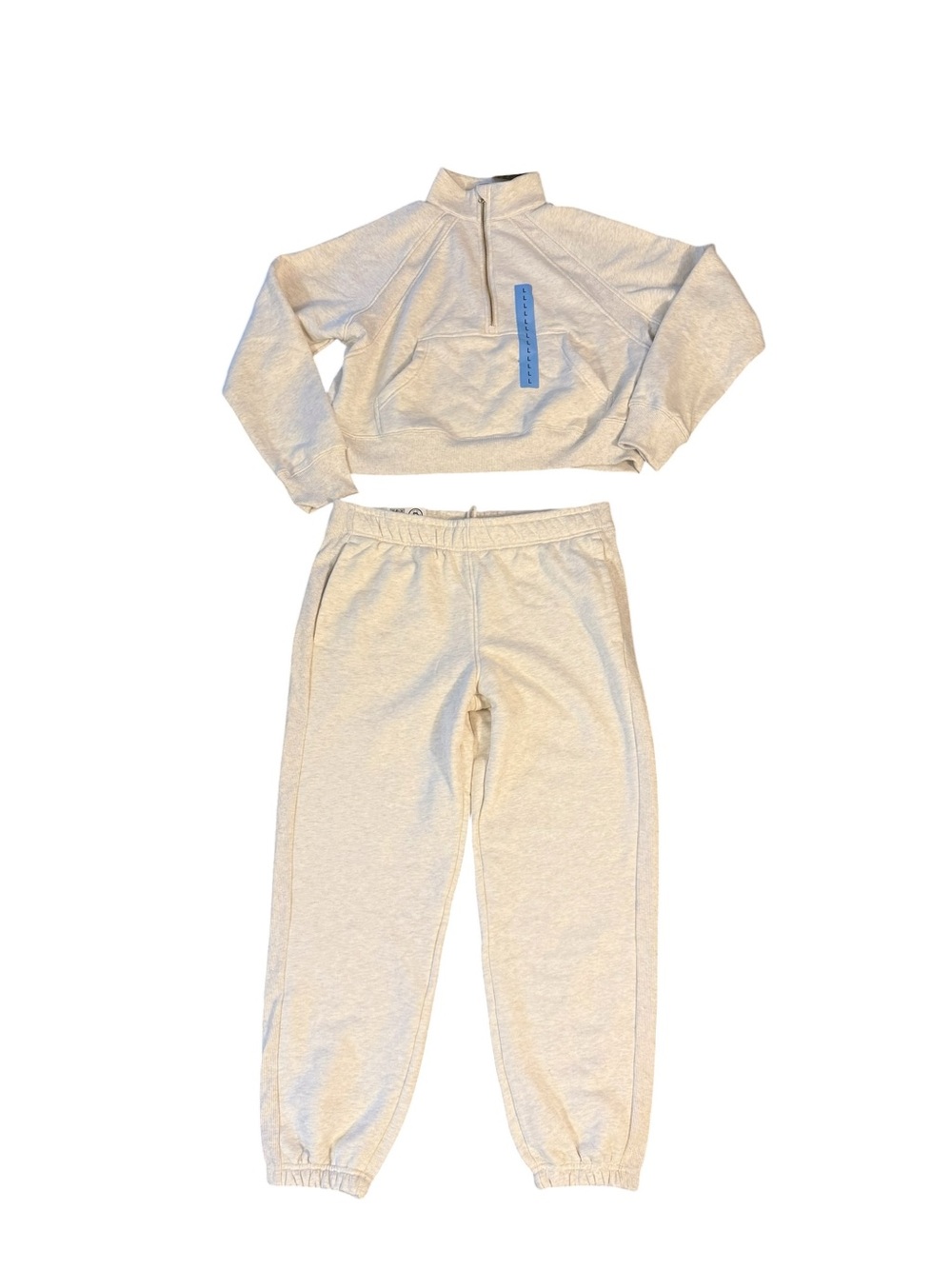 Cream Elastic-Waist Jogger Pants & Cropped Zip Collar Crew Neck Sweater Pull-On - Picture 2 of 10
